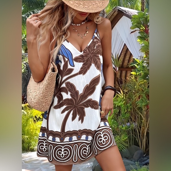 Bohemian Tropical Print Loose Fit V-Neck A-Line Spaghetti Straps Cami Dress - Picture 3 of 9